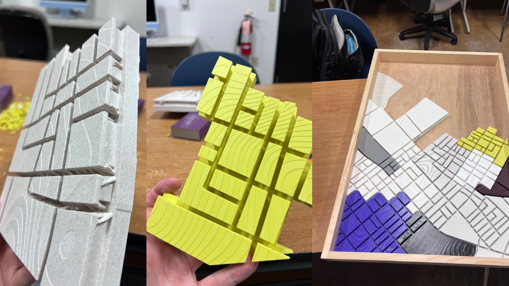 Individual printed map tiles in gray and yellow, then early colored assembly