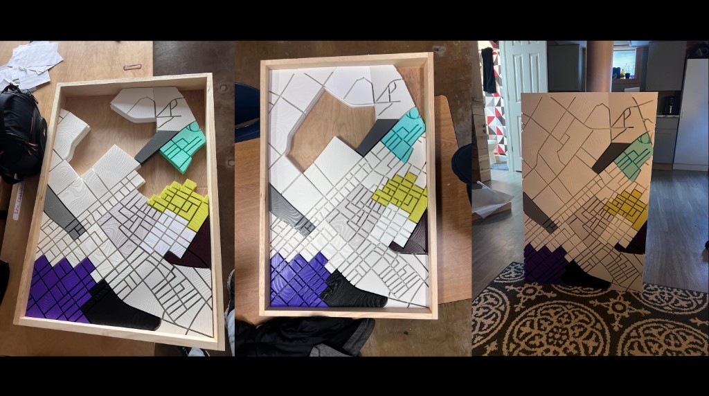 Assembling white map tiles into the wooden frame through completion